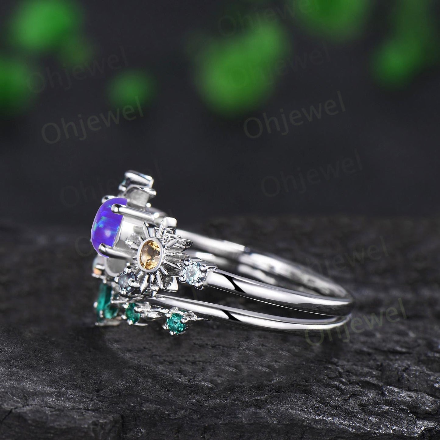 Vintage round purple opal moon engagement ring white gold sun citrine opal alexandrite emerald leaf wedding bridal ring set women jewelry
