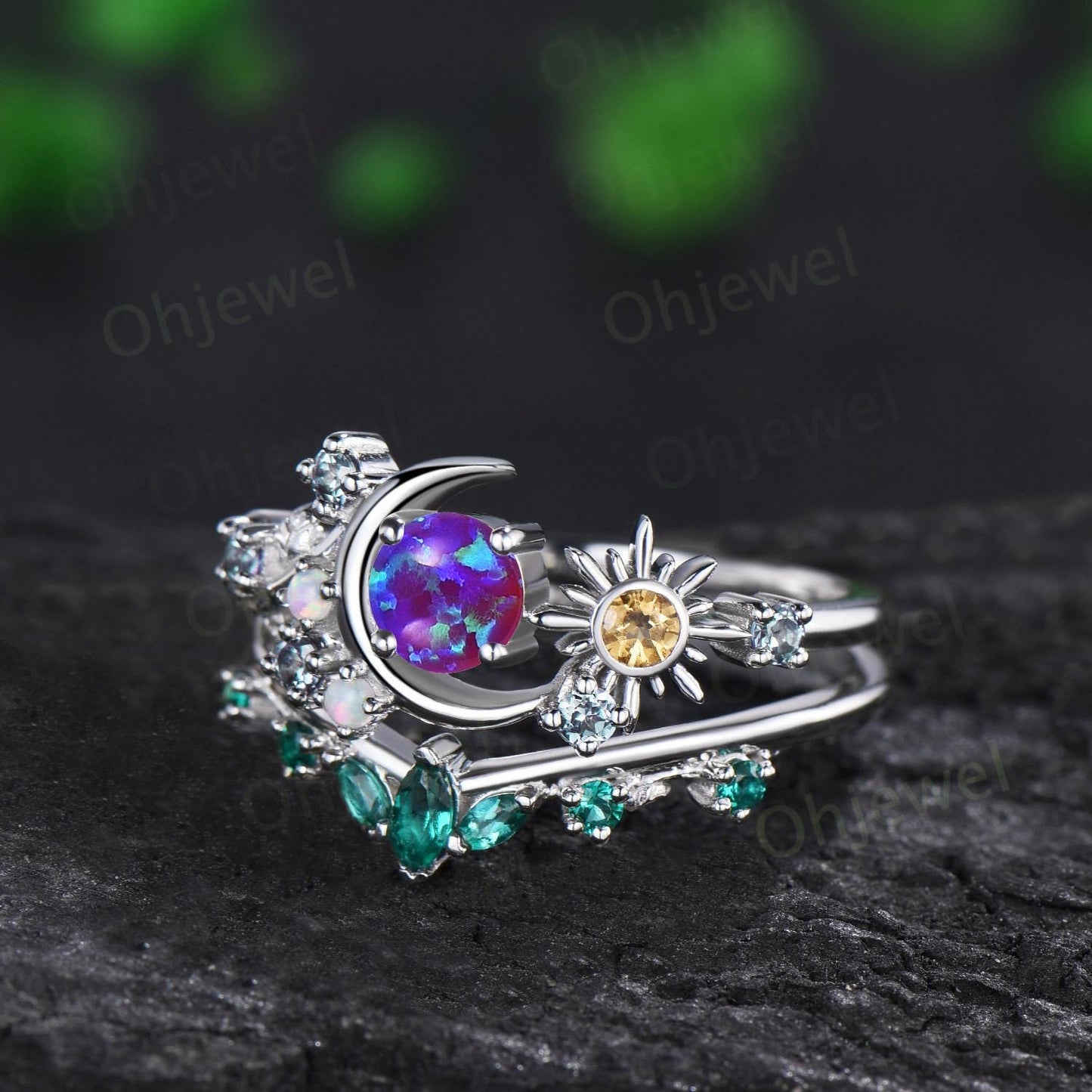 Vintage round purple opal moon engagement ring white gold sun citrine opal alexandrite emerald leaf wedding bridal ring set women jewelry