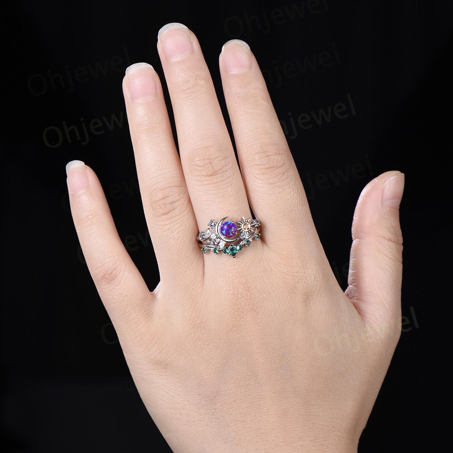 Vintage round purple opal moon engagement ring white gold sun citrine opal alexandrite emerald leaf wedding bridal ring set women jewelry
