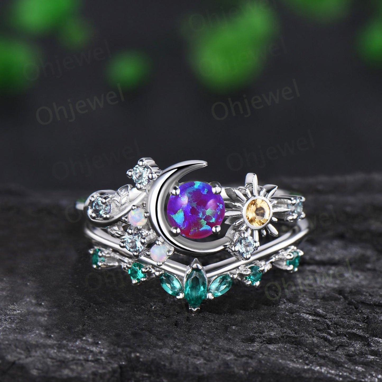 Vintage round purple opal moon engagement ring white gold sun citrine opal alexandrite emerald leaf wedding bridal ring set women jewelry