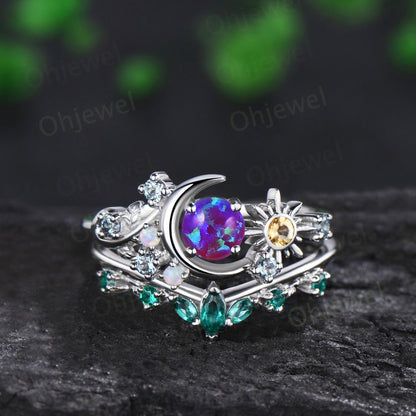 Vintage round purple opal moon engagement ring white gold sun citrine opal alexandrite emerald leaf wedding bridal ring set women jewelry