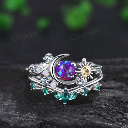 Vintage round purple opal moon engagement ring white gold sun citrine opal alexandrite emerald leaf wedding bridal ring set women jewelry