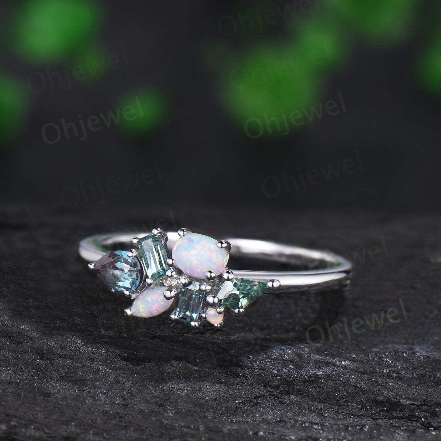 Cluster oval opal ring Personalized kite green sapphire ring white gold pear baguette alexandrite ring women unique wedding ring band gift