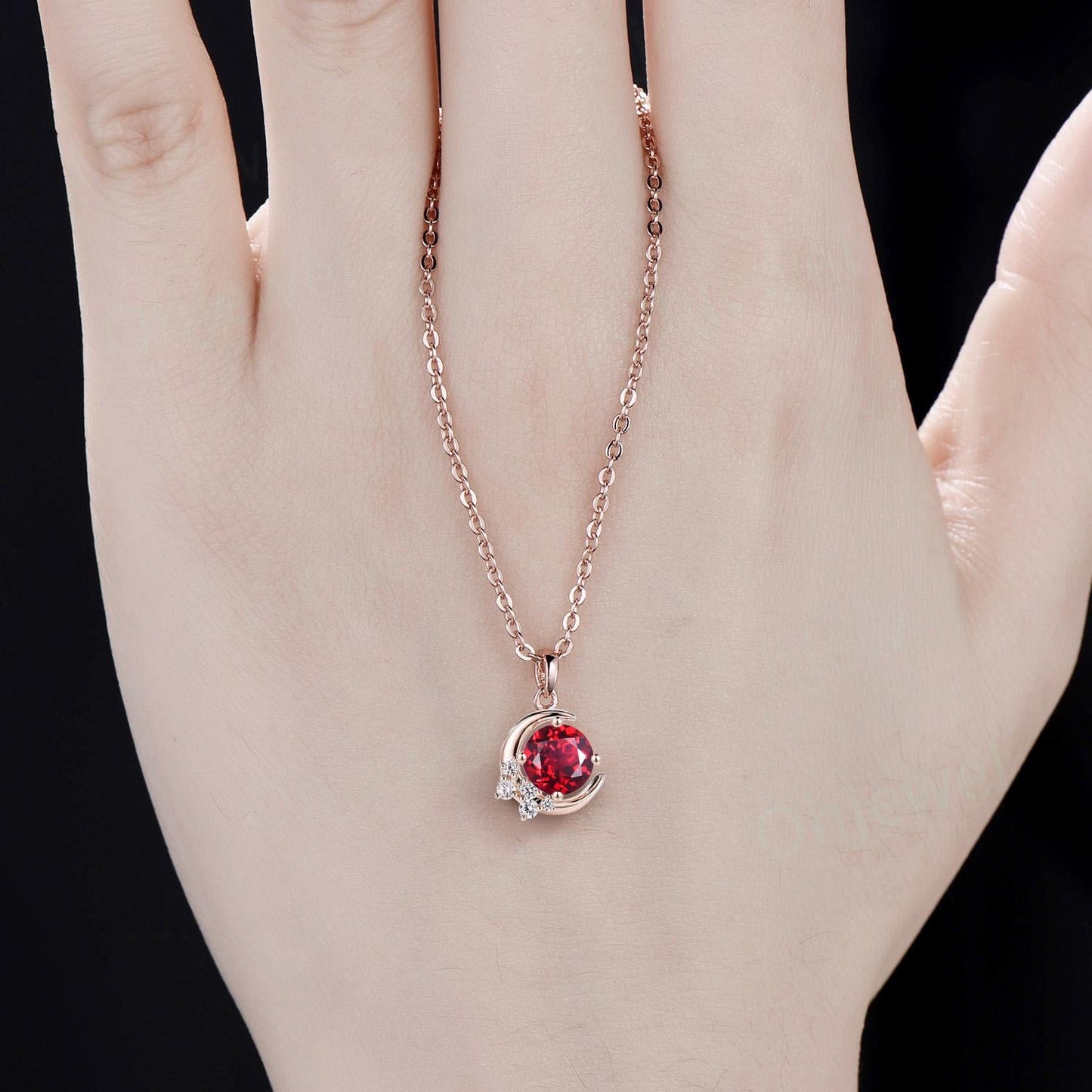 Vintage round red ruby necklace 14k rose gold Personalized moon cluster diamond unique Pendant women gemstone anniversary gift for her