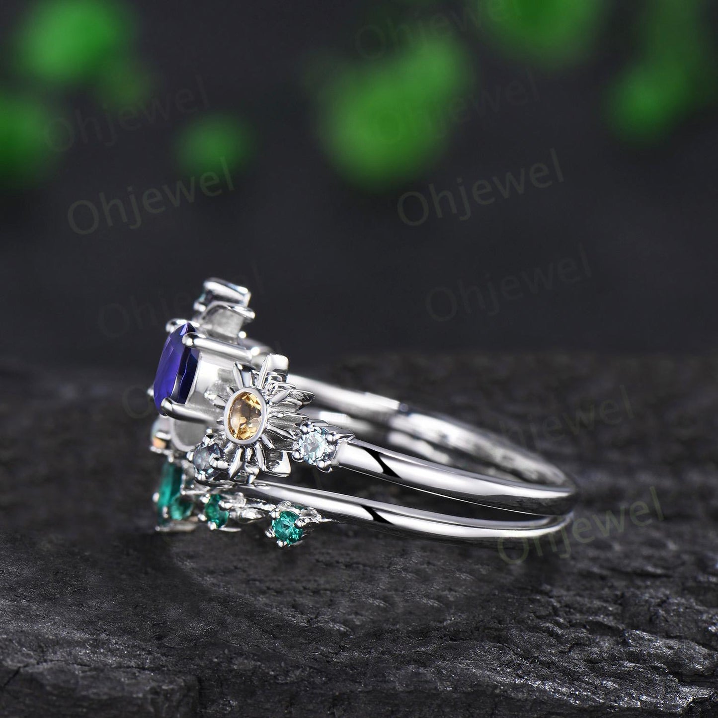 Vintage round purple sapphire moon engagement ring white gold sun citrine opal alexandrite leaf wedding bridal ring set women jewelry