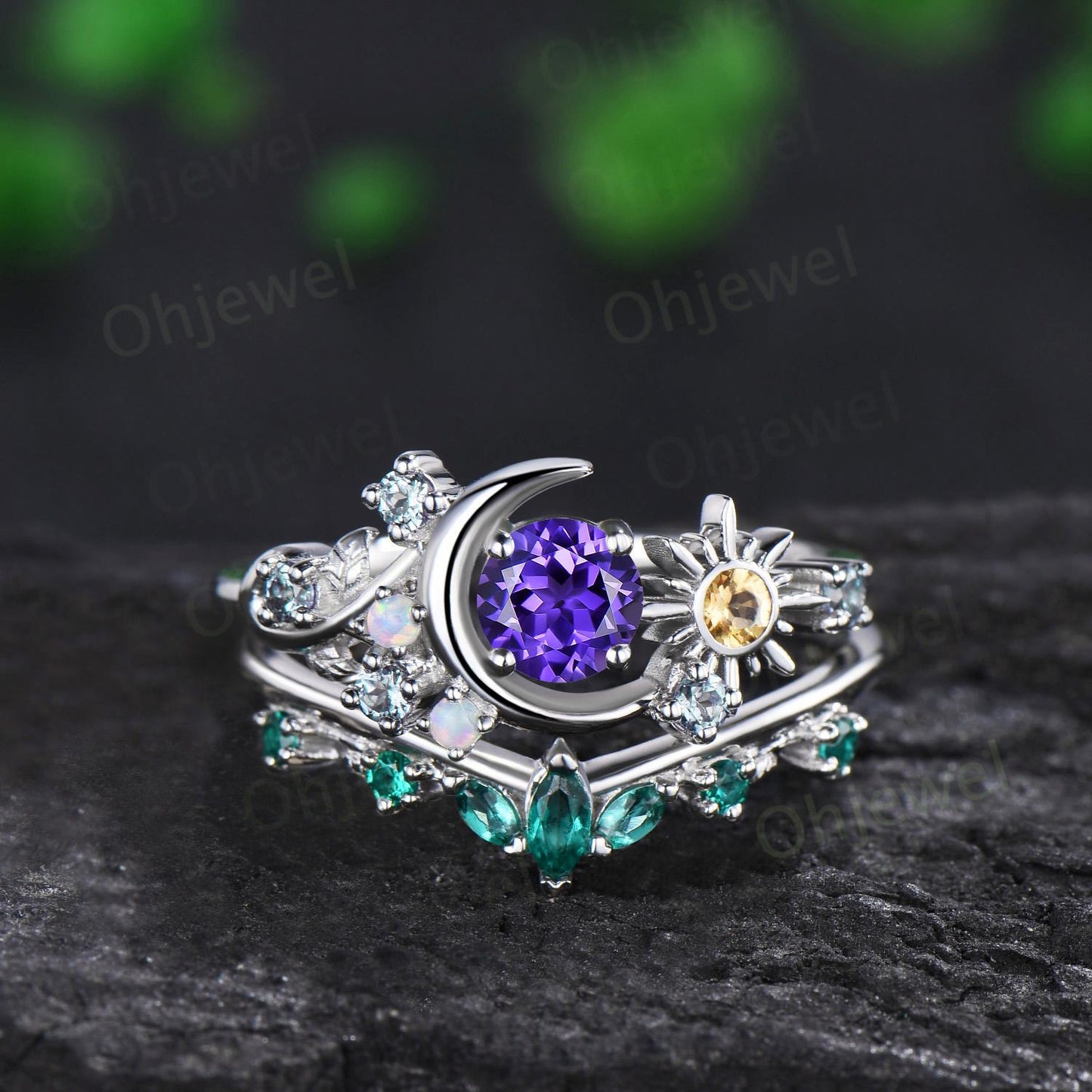 Vintage round purple sapphire moon engagement ring white gold sun citrine opal alexandrite leaf wedding bridal ring set women jewelry