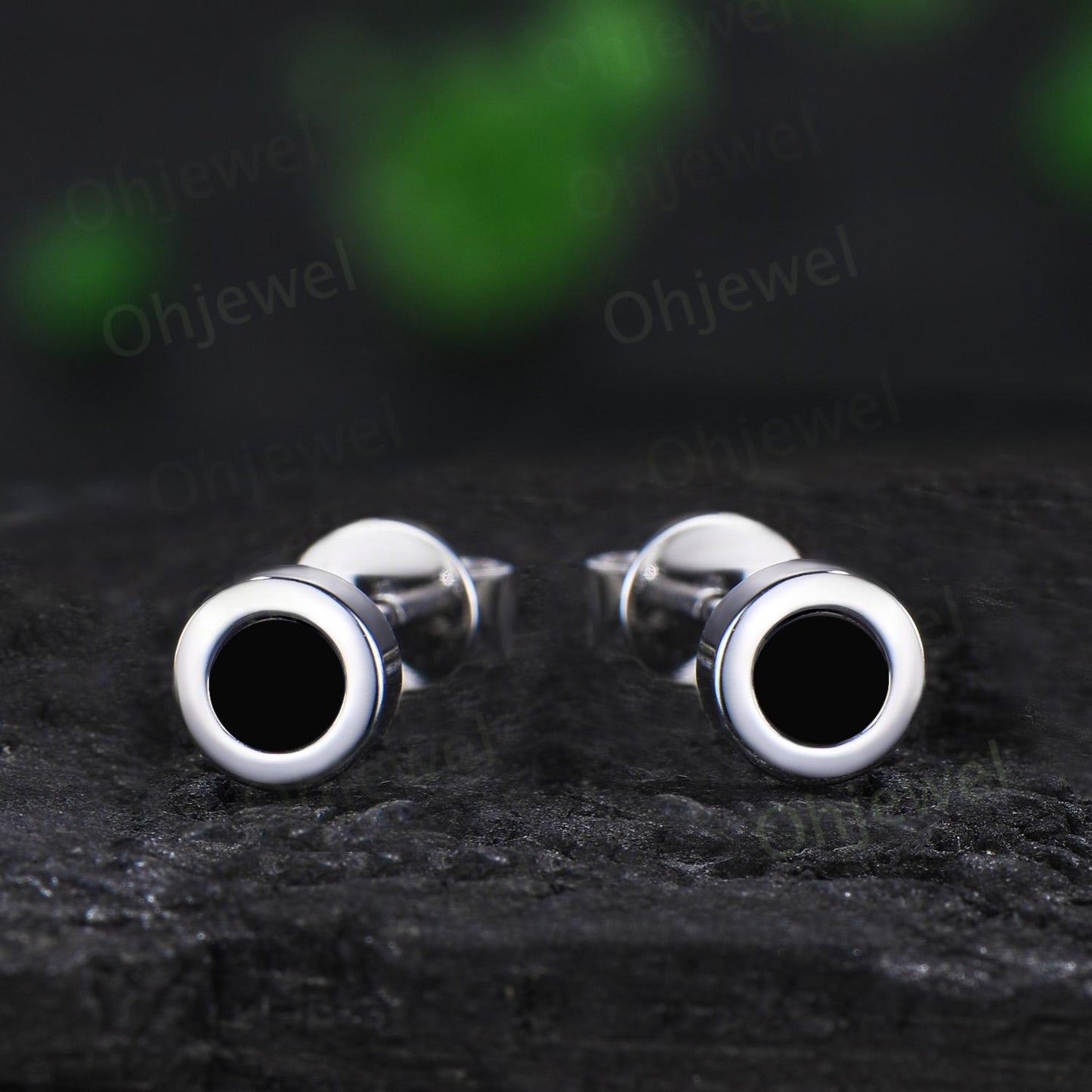 Bezel round black onyx earrings solid 14k white gold vintage stud earrings women minimalist dainty wedding anniversary gift silver