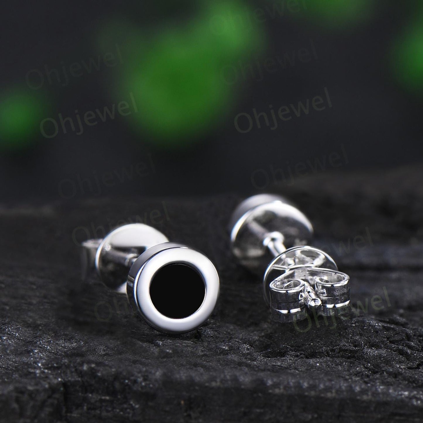 Bezel round black onyx earrings solid 14k white gold vintage stud earrings women minimalist dainty wedding anniversary gift silver