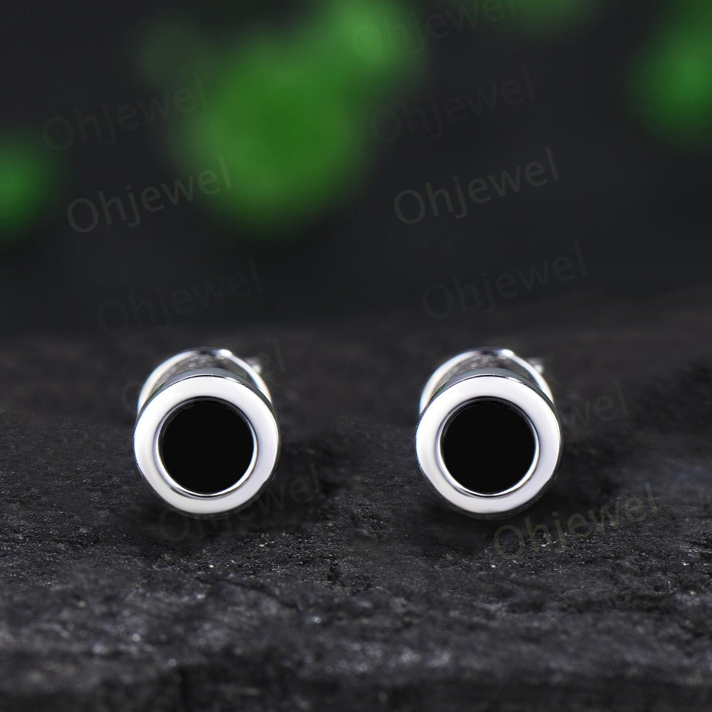 Bezel round black onyx earrings solid 14k white gold vintage stud earrings women minimalist dainty wedding anniversary gift silver