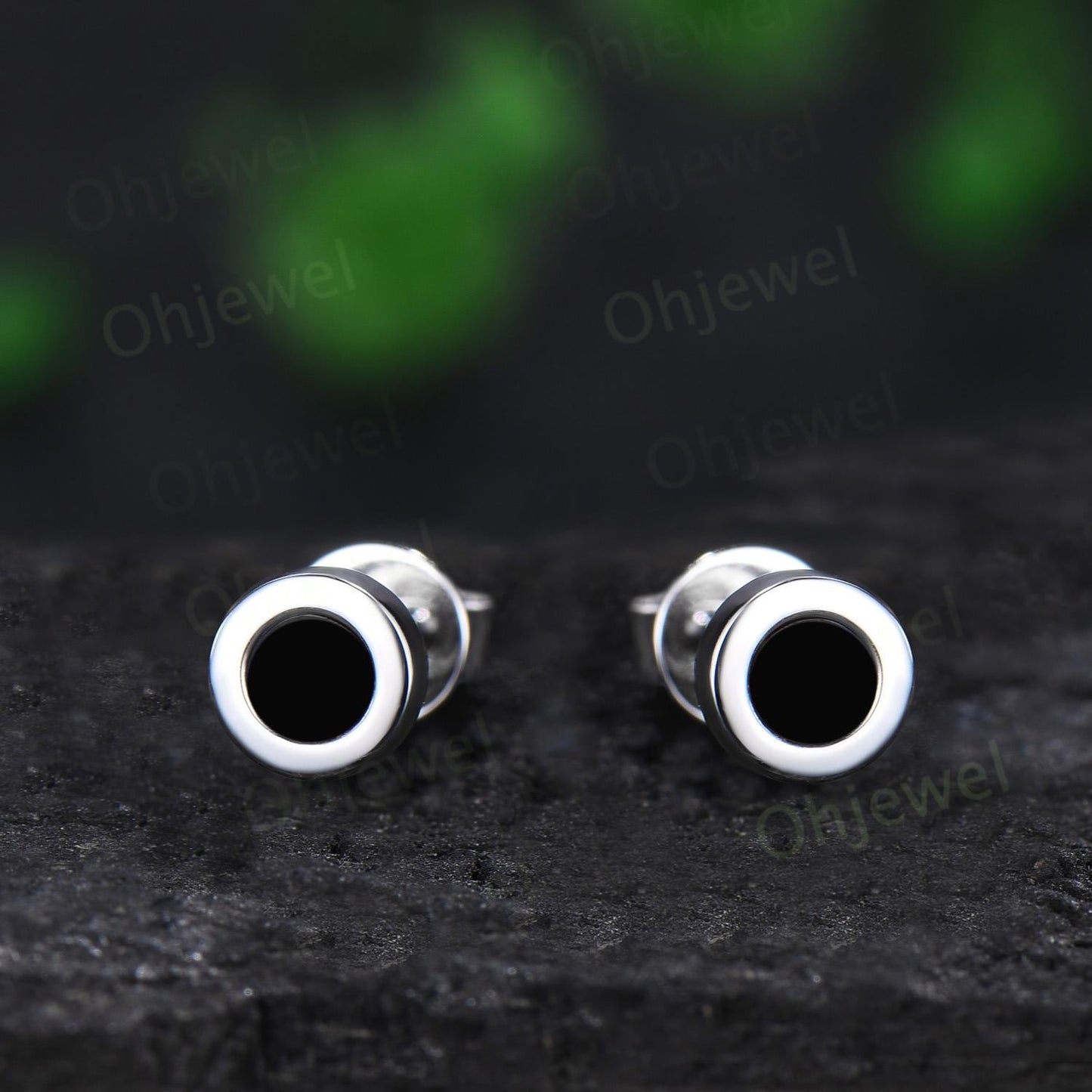 Bezel round black onyx earrings solid 14k white gold vintage stud earrings women minimalist dainty wedding anniversary gift silver