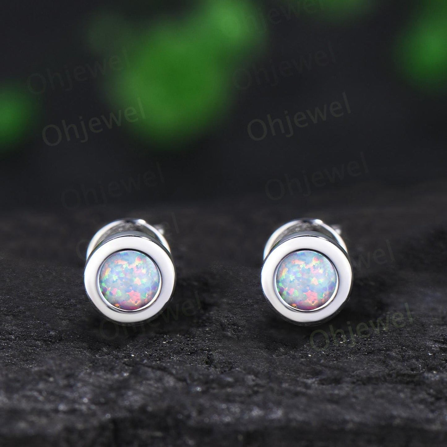 Bezel round opal earrings solid 14k white gold vintage stud earrings women minimalist dainty wedding anniversary gift silver