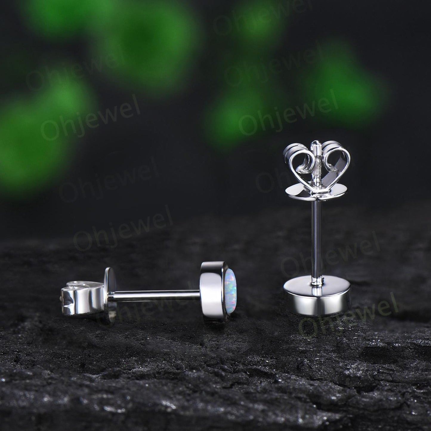 Bezel round opal earrings solid 14k white gold vintage stud earrings women minimalist dainty wedding anniversary gift silver