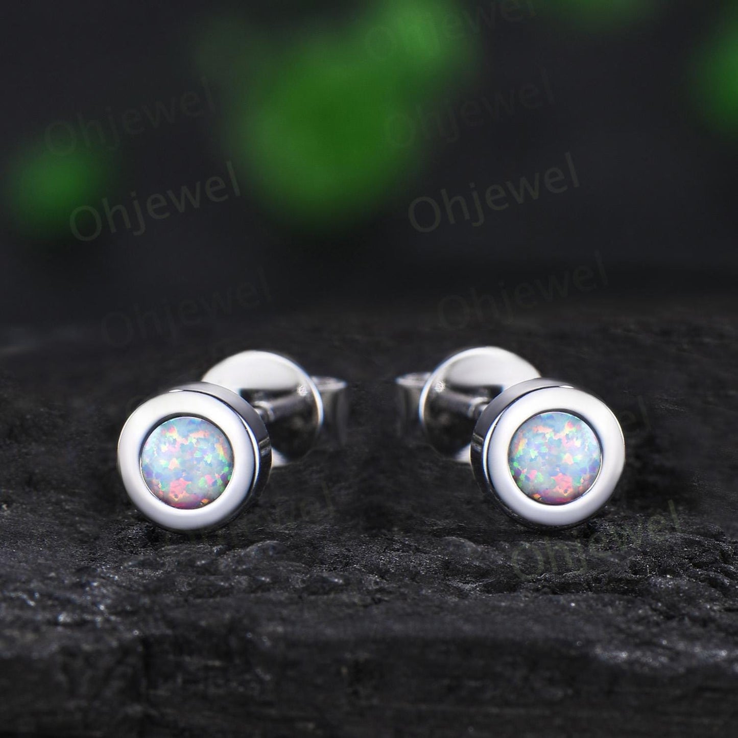 Bezel round opal earrings solid 14k white gold vintage stud earrings women minimalist dainty wedding anniversary gift silver