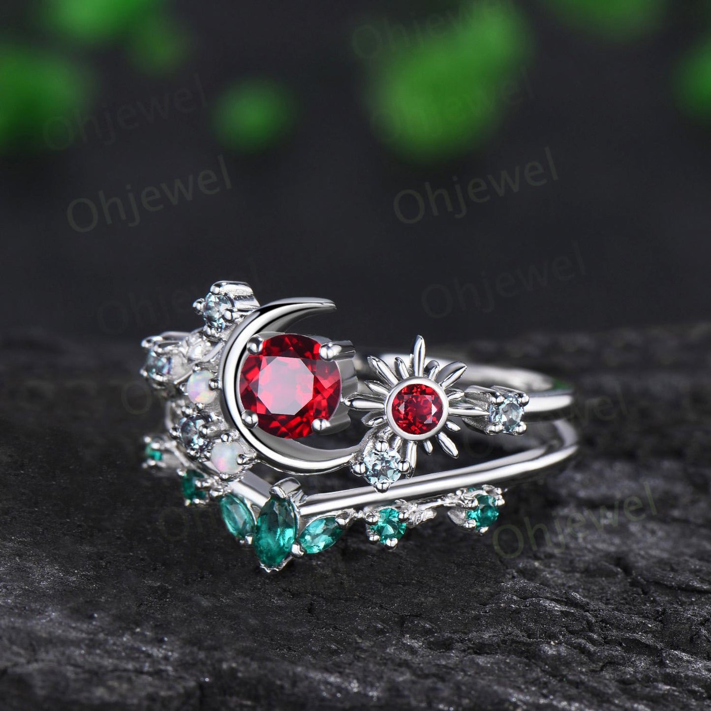 Vintage round red ruby moon engagement ring white gold sun opal alexandrite leaf wedding bridal ring set women jewelry