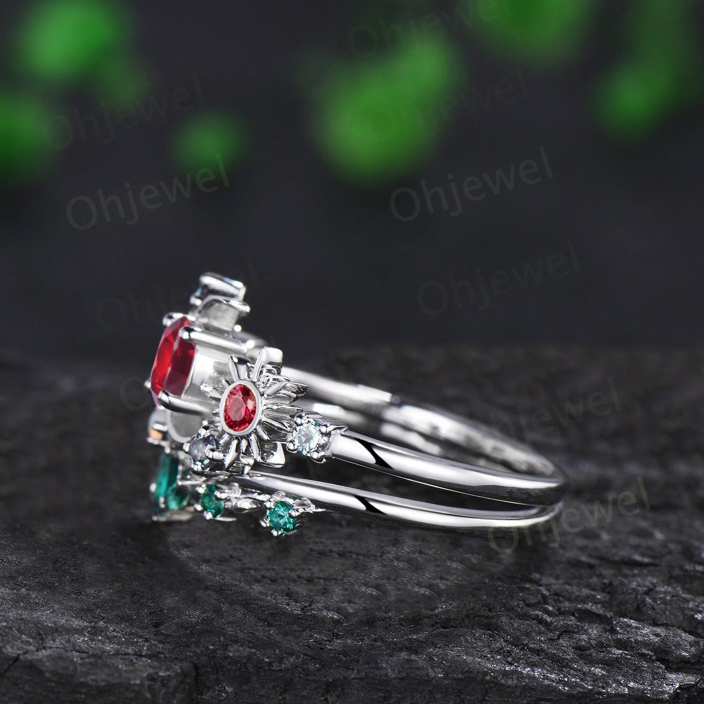 Vintage round red ruby moon engagement ring white gold sun opal alexandrite leaf wedding bridal ring set women jewelry