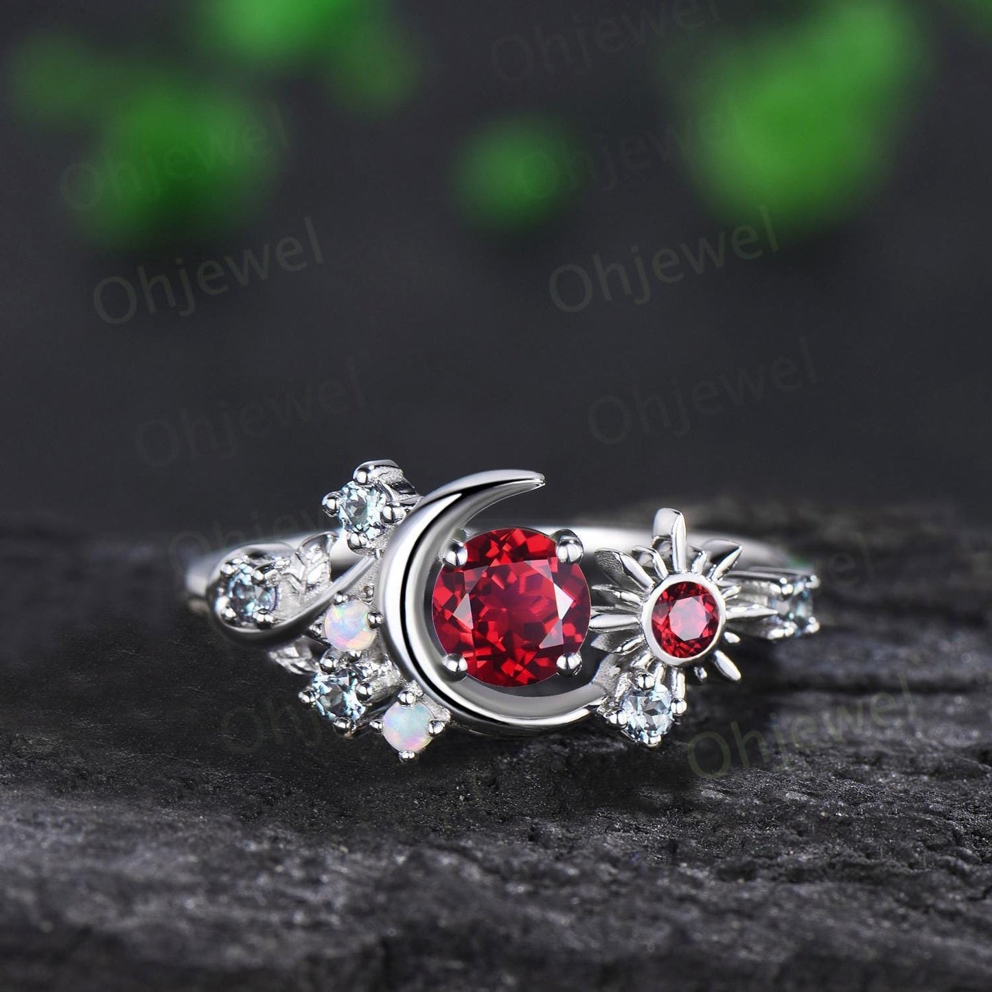 Vintage round red ruby moon engagement ring white gold sun opal alexandrite leaf wedding bridal ring set women jewelry