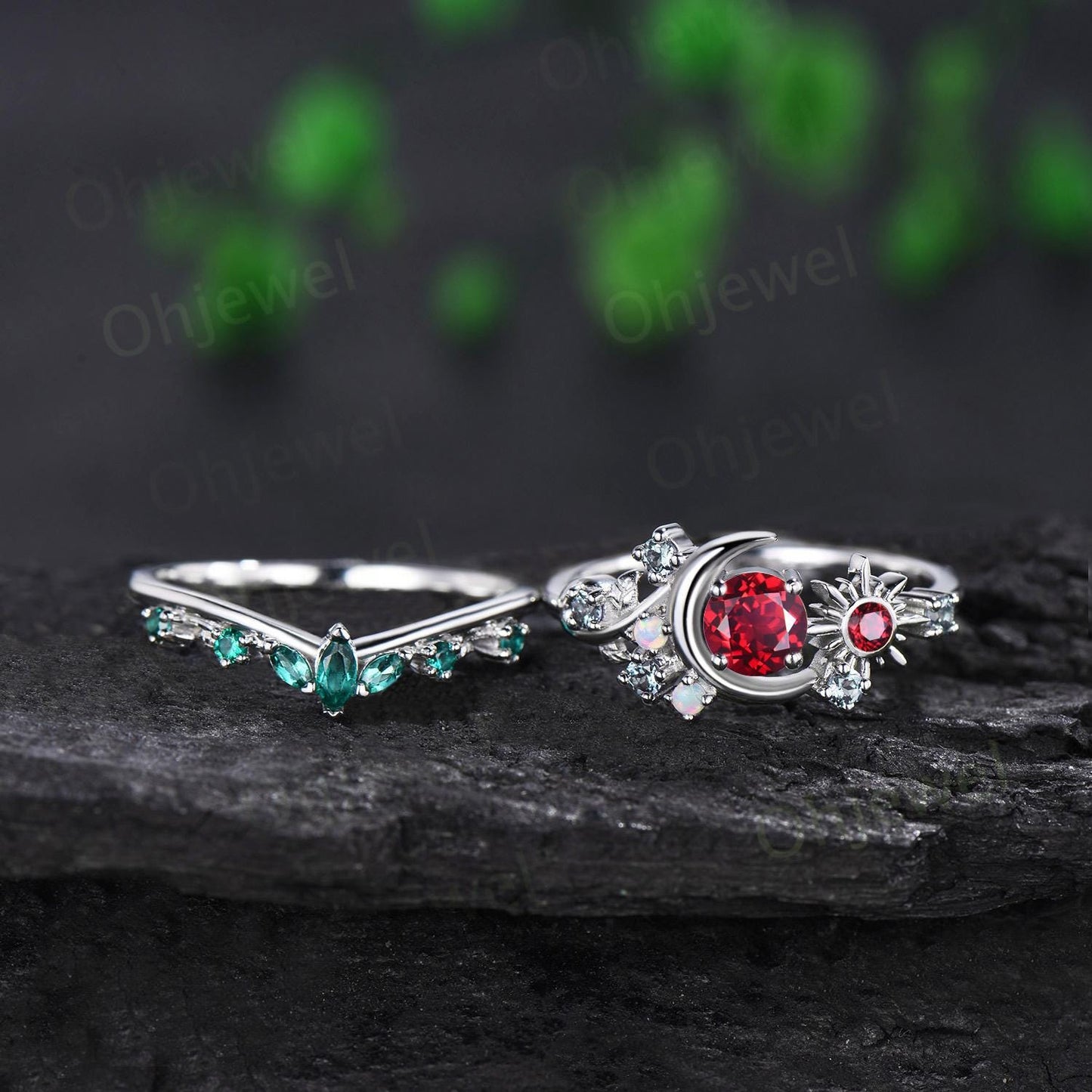 Vintage round red ruby moon engagement ring white gold sun opal alexandrite leaf wedding bridal ring set women jewelry