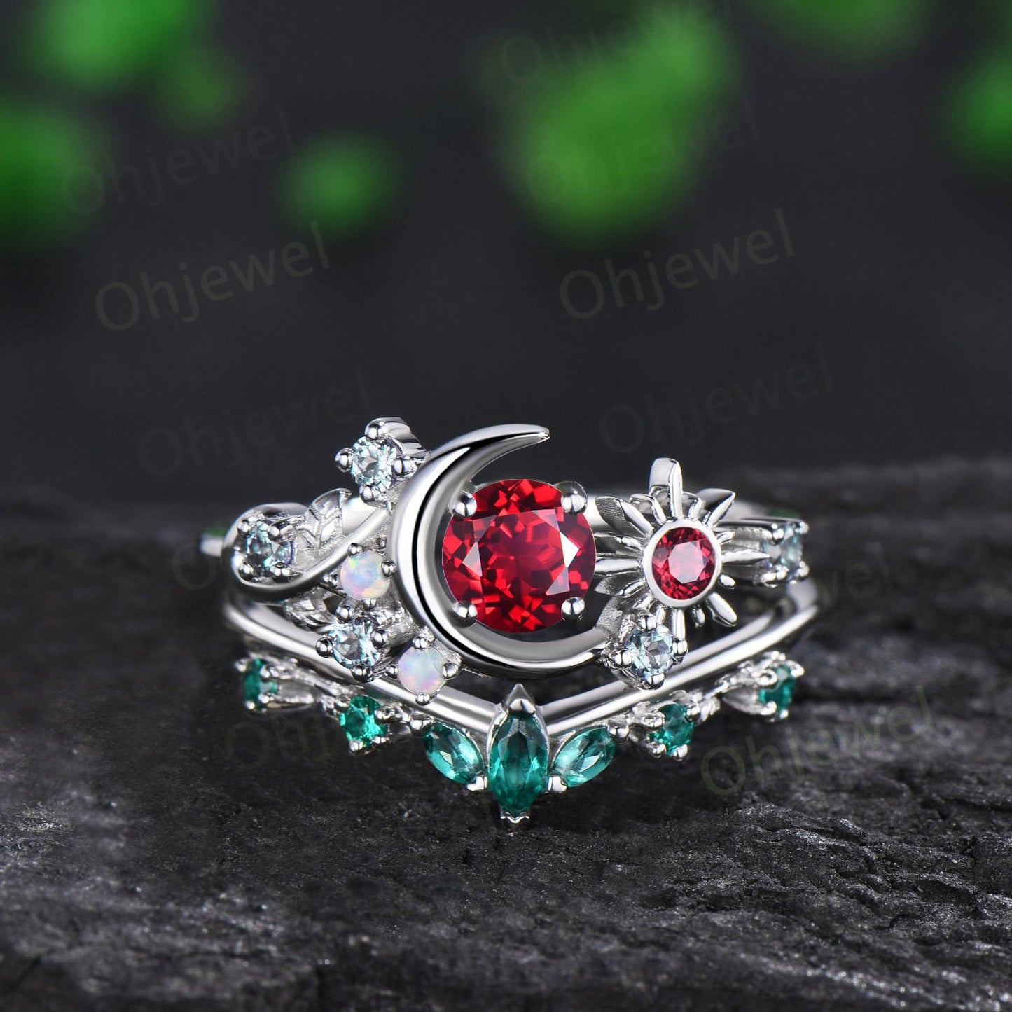 Vintage round red ruby moon engagement ring white gold sun opal alexandrite leaf wedding bridal ring set women jewelry