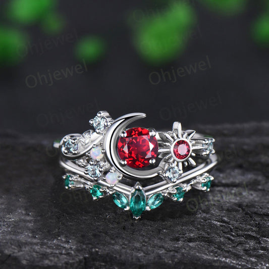 Vintage round red ruby moon engagement ring white gold sun opal alexandrite leaf wedding bridal ring set women jewelry