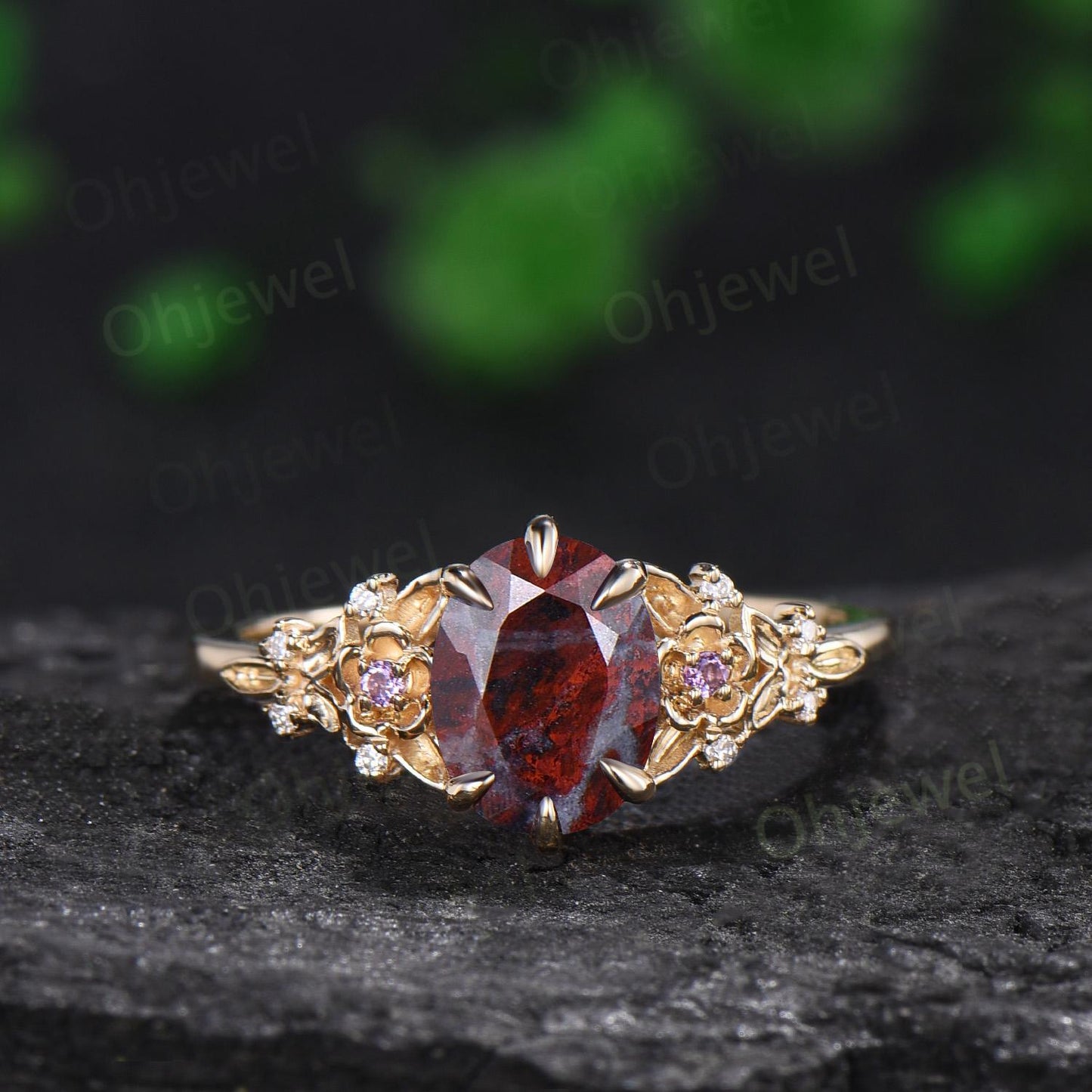 Oval cut bloodstone engagement ring 6 prong floral leaf amethyst wedding ring set women anniversary gift silver