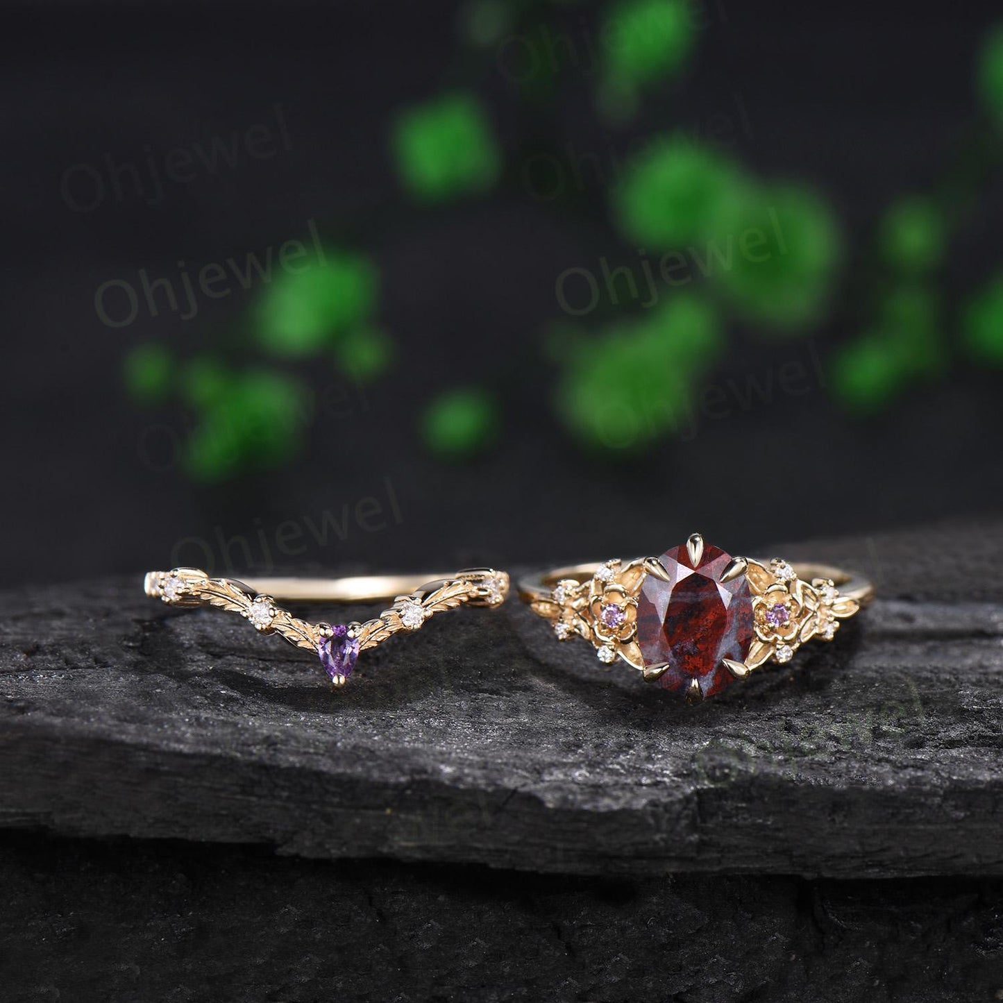 Oval cut bloodstone engagement ring 6 prong floral leaf amethyst wedding ring set women anniversary gift silver