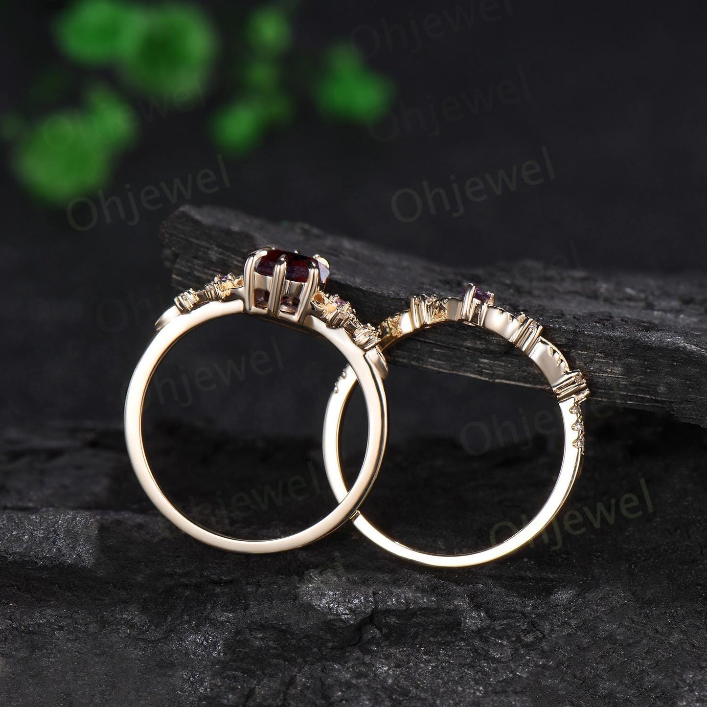 Oval cut bloodstone engagement ring 6 prong floral leaf amethyst wedding ring set women anniversary gift silver