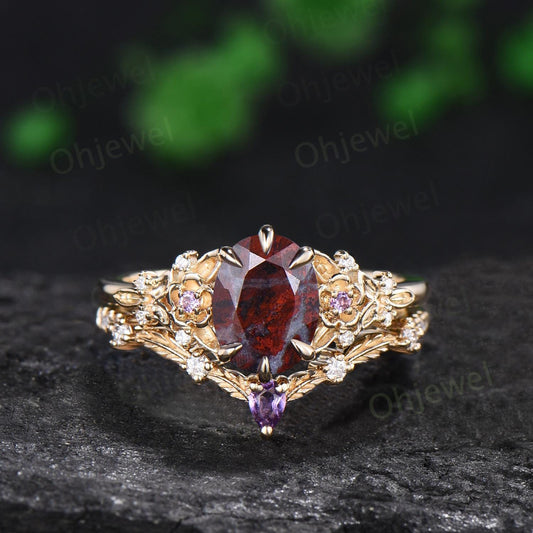 Oval cut bloodstone engagement ring 6 prong floral leaf amethyst wedding ring set women anniversary gift silver
