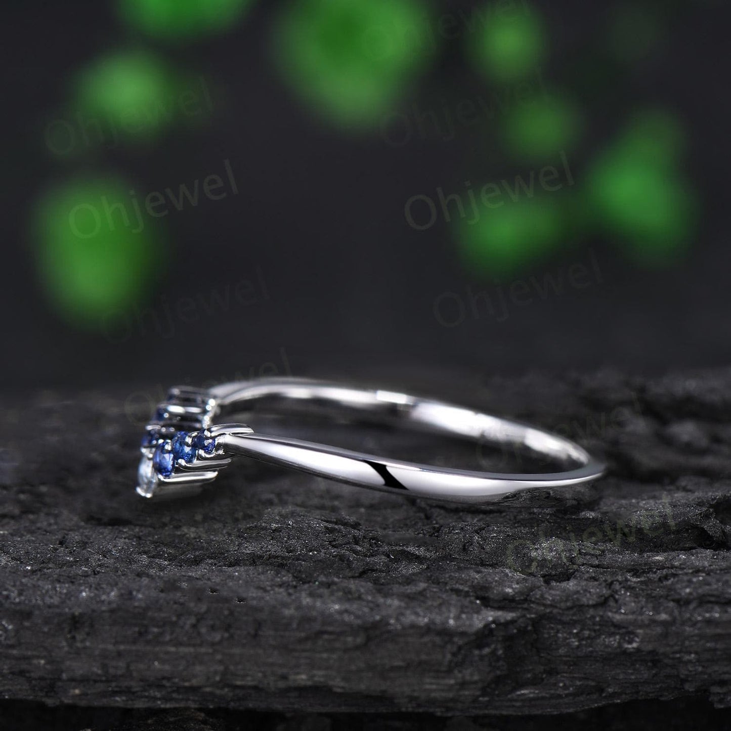 Aquamarine sapphire wedding band curved moissanite bridal ring solid 10k 14k 18k white gold stacking matching band women