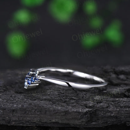 Aquamarine sapphire wedding band curved moissanite bridal ring solid 10k 14k 18k white gold stacking matching band women