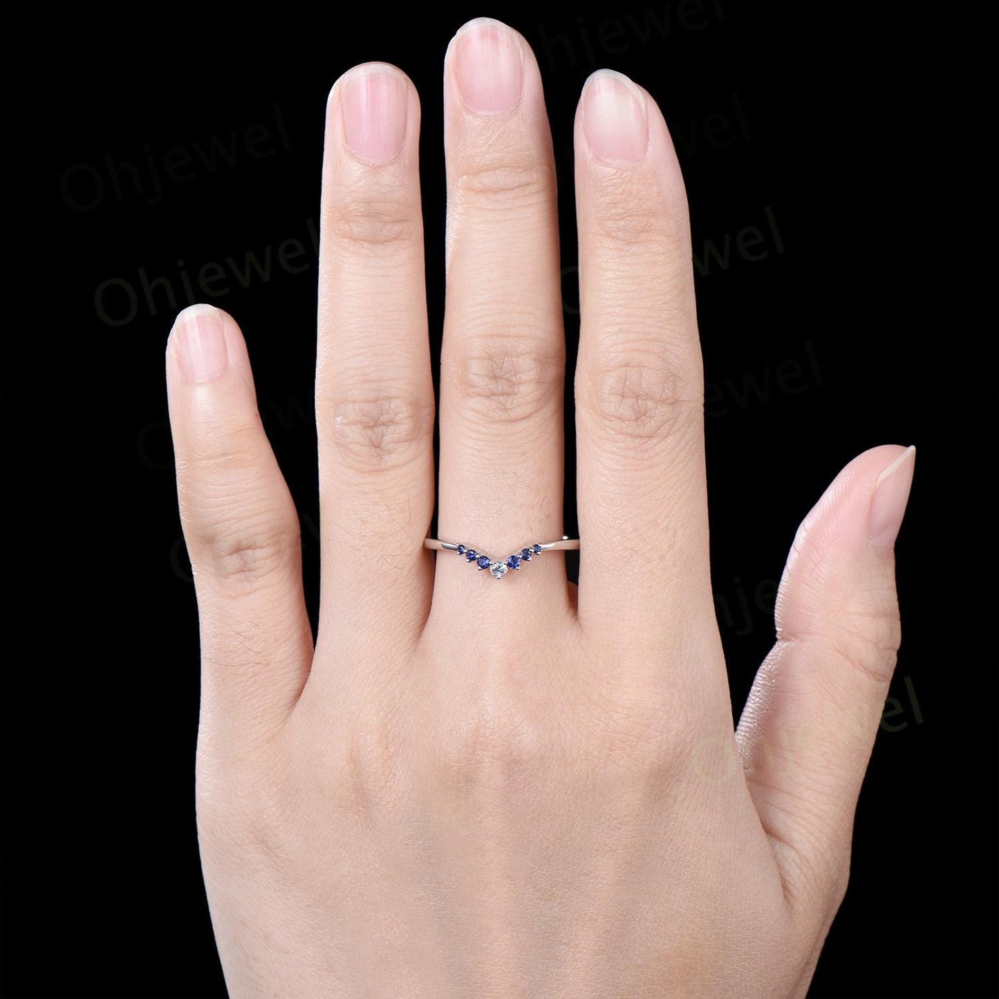 Aquamarine sapphire wedding band curved moissanite bridal ring solid 10k 14k 18k white gold stacking matching band women