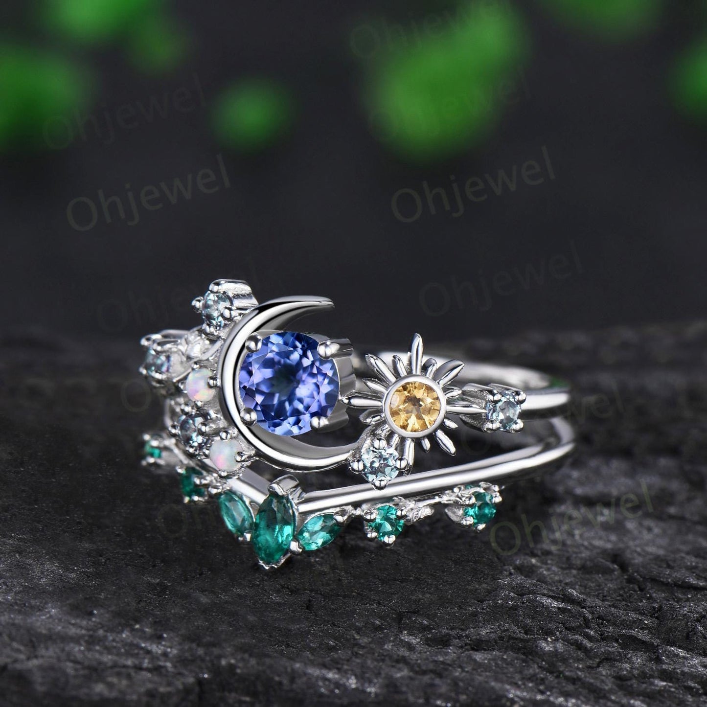 Vintage round tanzanite moon engagement ring white gold sun citrine opal alexandrite emerald leaf wedding bridal ring set women jewelry
