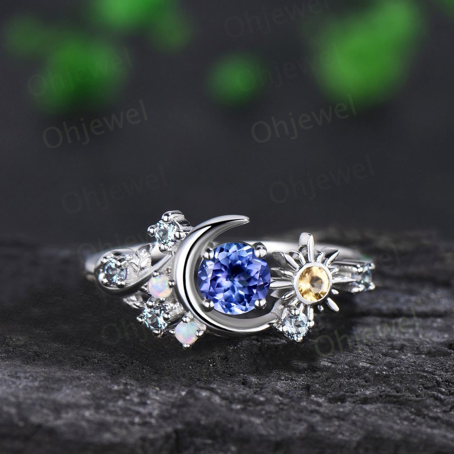 Vintage round tanzanite moon engagement ring white gold sun citrine opal alexandrite emerald leaf wedding bridal ring set women jewelry