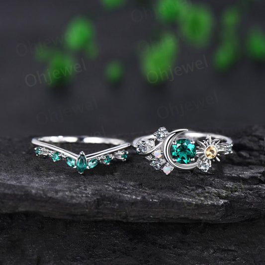 Vintage round green emerald moon engagement ring white gold sun citrine opal alexandrite leaf wedding bridal ring set women jewelry