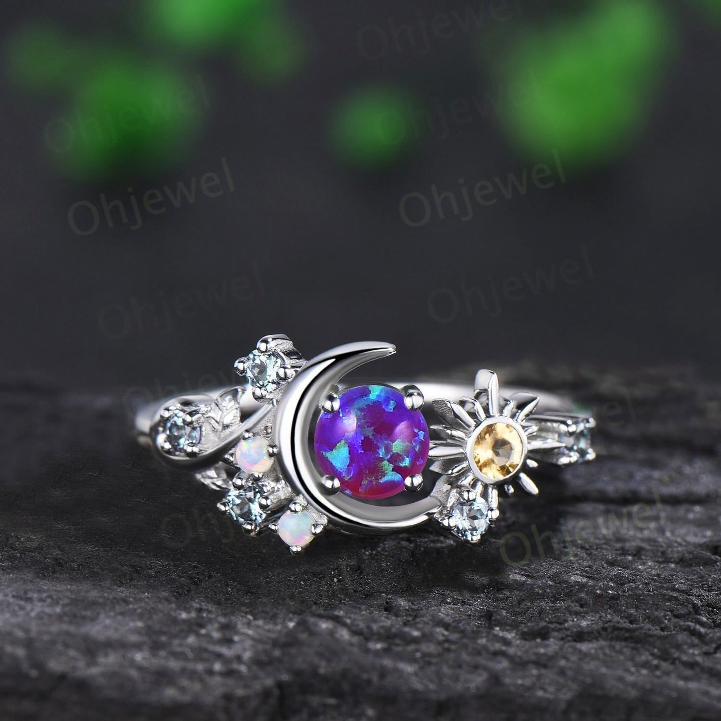 Vintage round purple opal moon engagement ring white gold sun citrine opal alexandrite emerald leaf wedding bridal ring set women jewelry