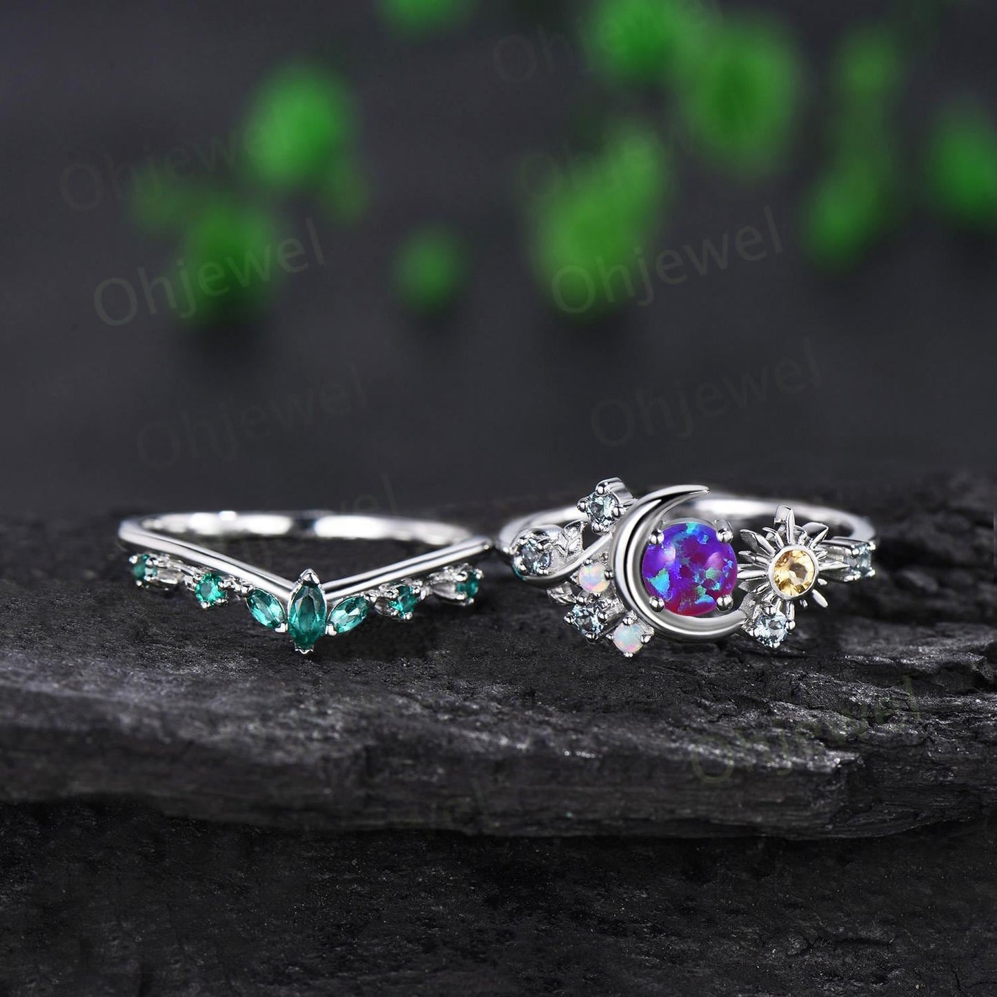 Vintage round purple opal moon engagement ring white gold sun citrine opal alexandrite emerald leaf wedding bridal ring set women jewelry