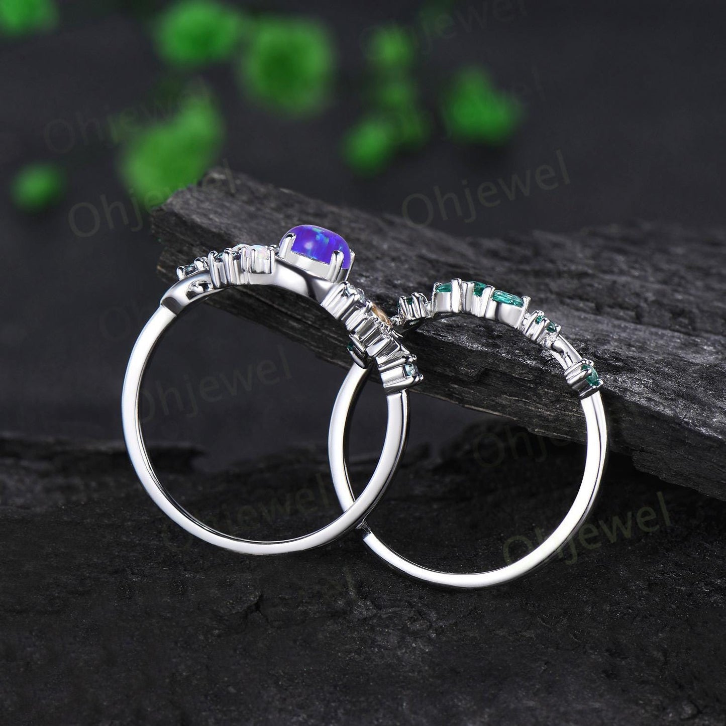 Vintage round purple opal moon engagement ring white gold sun citrine opal alexandrite emerald leaf wedding bridal ring set women jewelry