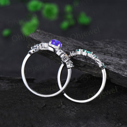 Vintage round purple opal moon engagement ring white gold sun citrine opal alexandrite emerald leaf wedding bridal ring set women jewelry