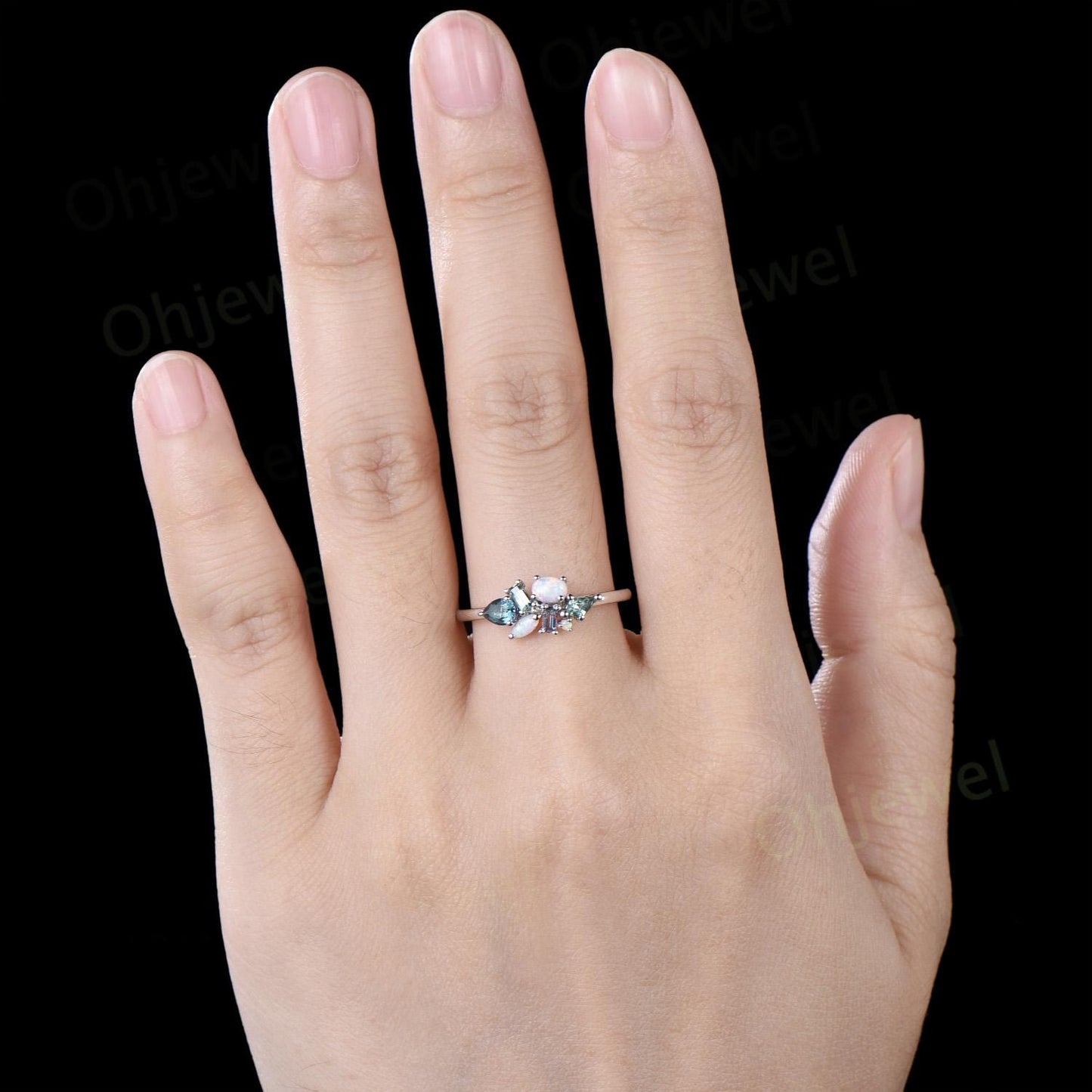 Cluster oval opal ring Personalized kite green sapphire ring white gold pear baguette alexandrite ring women unique wedding ring band gift