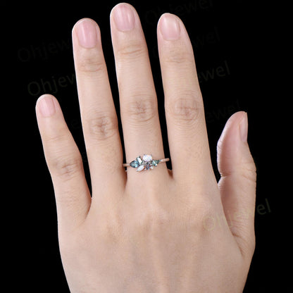 Cluster oval opal ring Personalized kite green sapphire ring white gold pear baguette alexandrite ring women unique wedding ring band gift