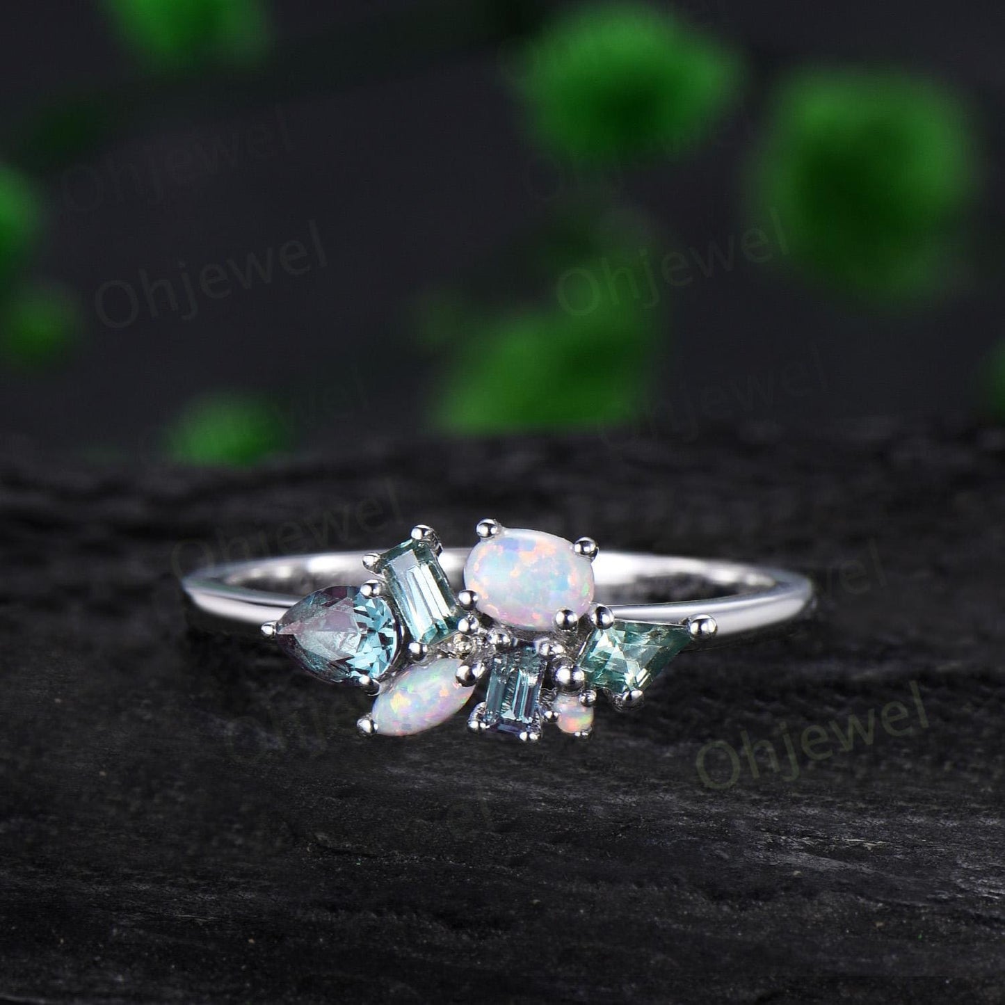 Cluster oval opal ring Personalized kite green sapphire ring white gold pear baguette alexandrite ring women unique wedding ring band gift