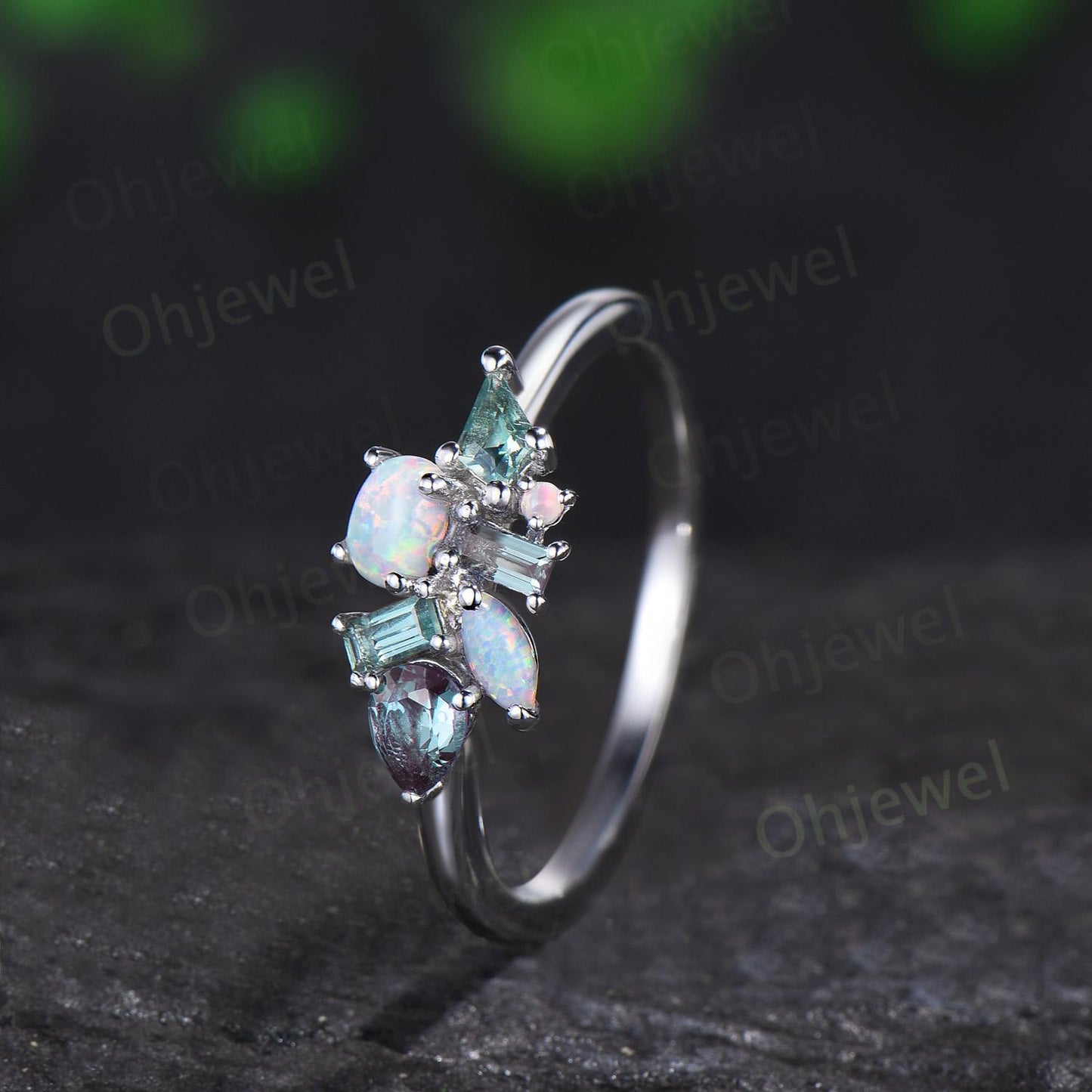 Cluster oval opal ring Personalized kite green sapphire ring white gold pear baguette alexandrite ring women unique wedding ring band gift