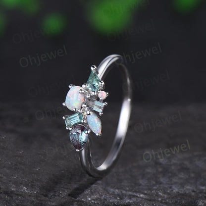 Cluster oval opal ring Personalized kite green sapphire ring white gold pear baguette alexandrite ring women unique wedding ring band gift