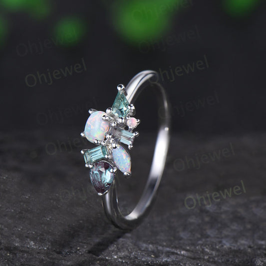 Cluster oval opal ring Personalized kite green sapphire ring white gold pear baguette alexandrite ring women unique wedding ring band gift