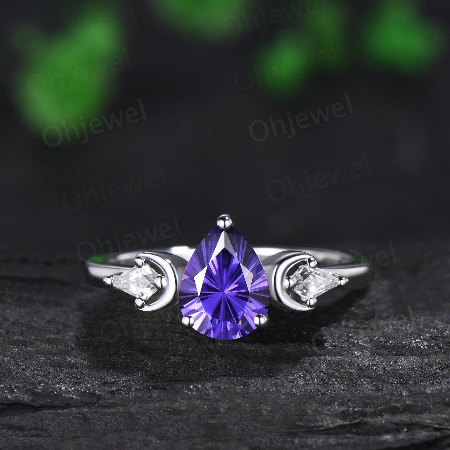Pear fireworks cut purple sapphire engagement ring 14k white gold kite celtic knot moissanite moon bridal wedding ring set women jewelry