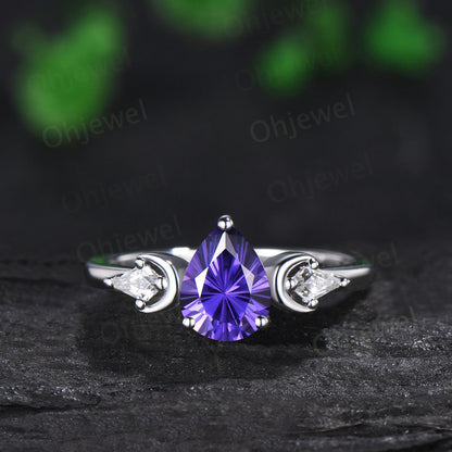 Pear fireworks cut purple sapphire engagement ring 14k white gold kite celtic knot moissanite moon bridal wedding ring set women jewelry