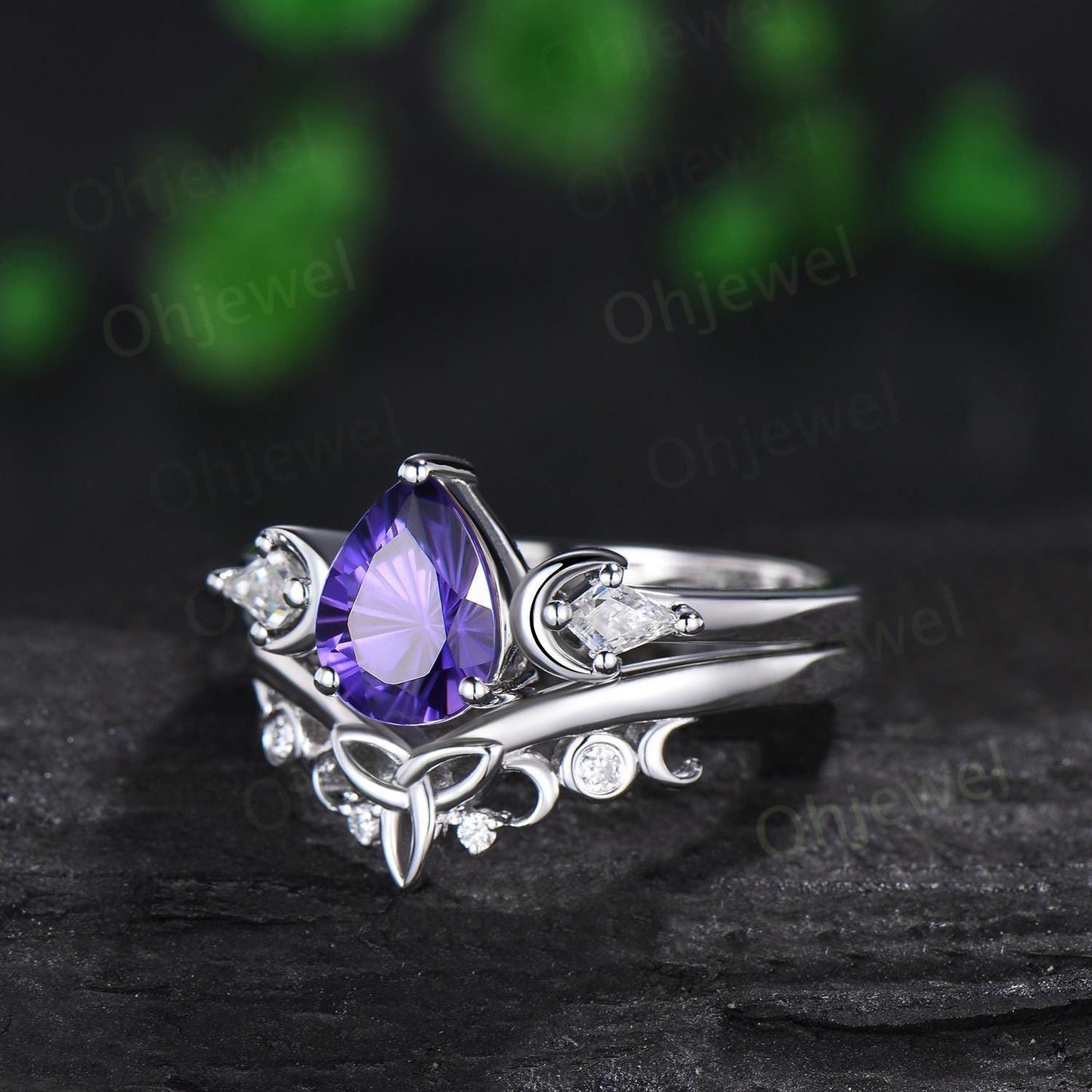 Pear fireworks cut purple sapphire engagement ring 14k white gold kite celtic knot moissanite moon bridal wedding ring set women jewelry