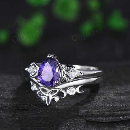 Pear fireworks cut purple sapphire engagement ring 14k white gold kite celtic knot moissanite moon bridal wedding ring set women jewelry