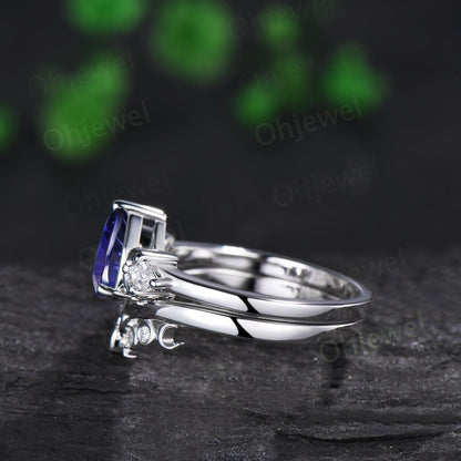 Pear fireworks cut purple sapphire engagement ring 14k white gold kite celtic knot moissanite moon bridal wedding ring set women jewelry