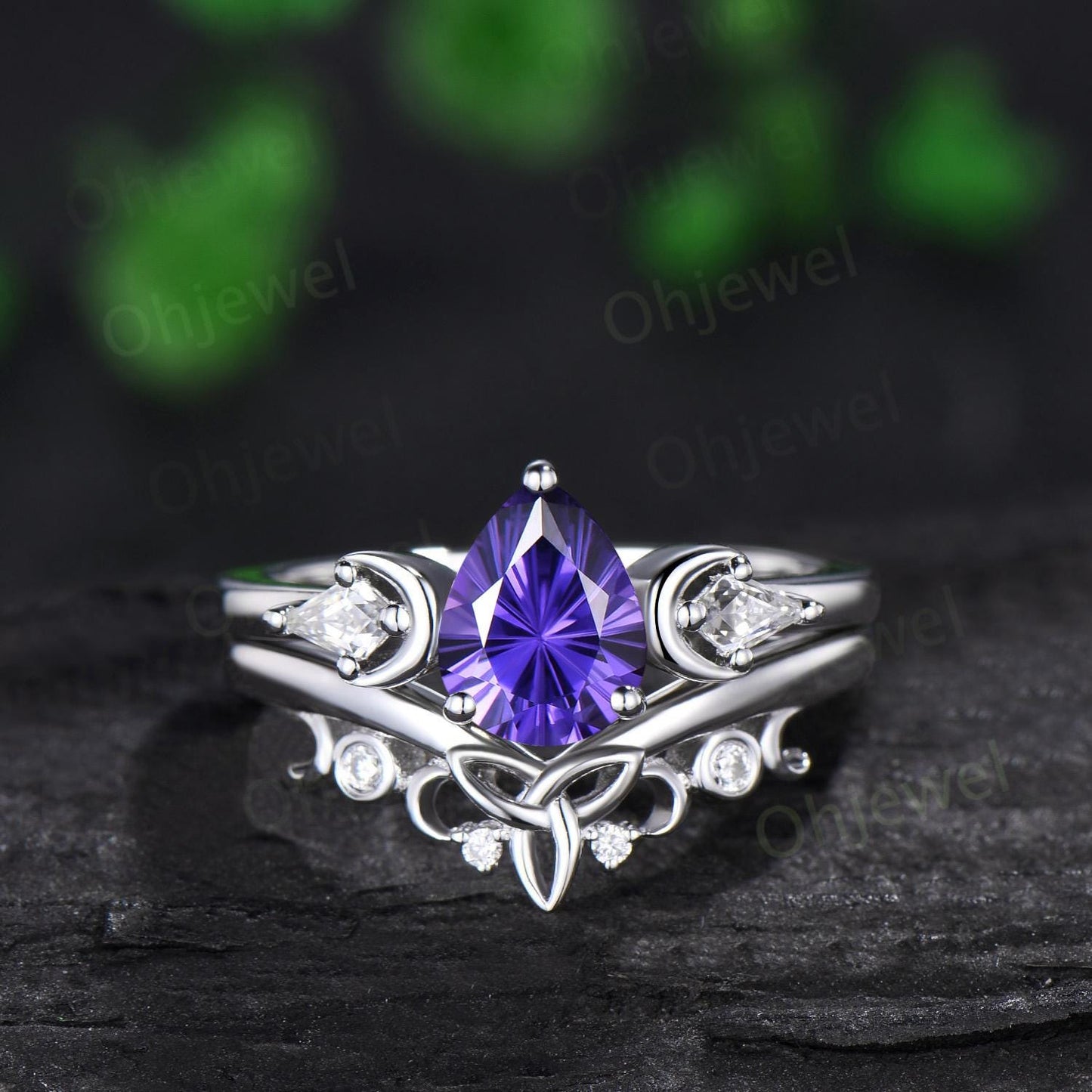 Pear fireworks cut purple sapphire engagement ring 14k white gold kite celtic knot moissanite moon bridal wedding ring set women jewelry