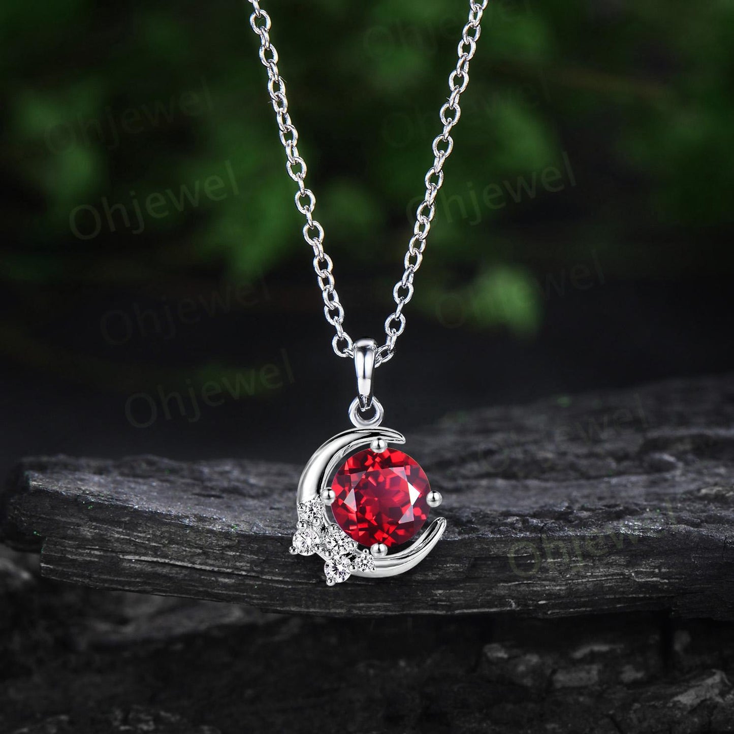 Vintage round red ruby necklace 14k rose gold Personalized moon cluster diamond unique Pendant women gemstone anniversary gift for her